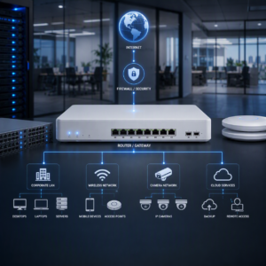 Zakelijke router en netwerkstructuur voor internet en routing