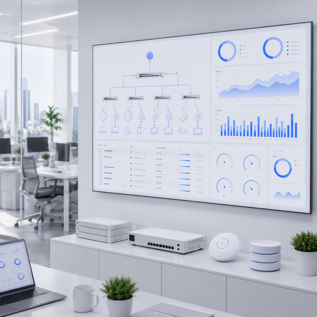 Netwerkmonitoring dashboard met grafieken en statistieken