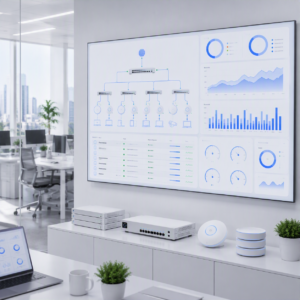 Netwerkmonitoring dashboard met grafieken en statistieken