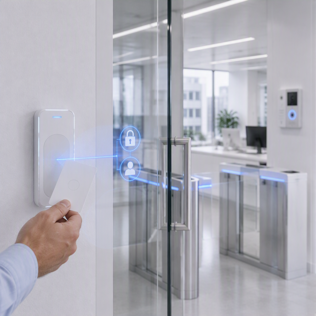 UniFi Access toegangscontrolesysteem met badge-lezer bij bedrijfsingang