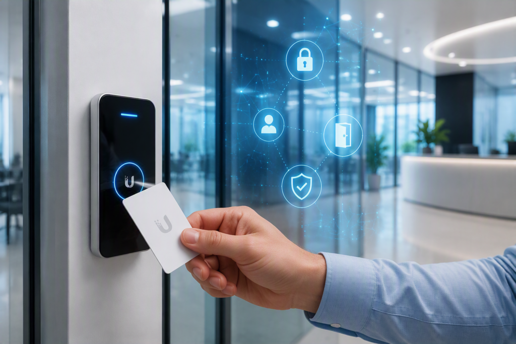 UniFi Access badge-lezer bij bedrijfsingang